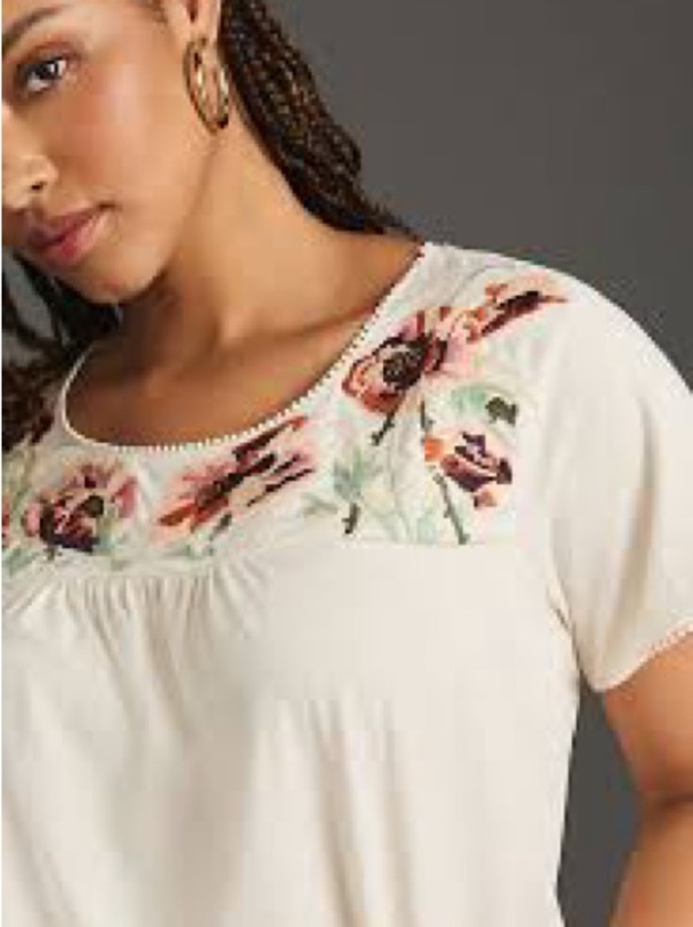 Anthropologie Cream Embroidered Floral Yoke Tunic